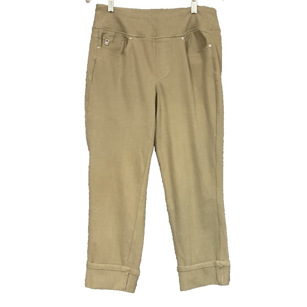 Belle‎ Kim Gravel Cuffed Jeans Pants Cotton Blend Comfy Beach Army Green Sz 8